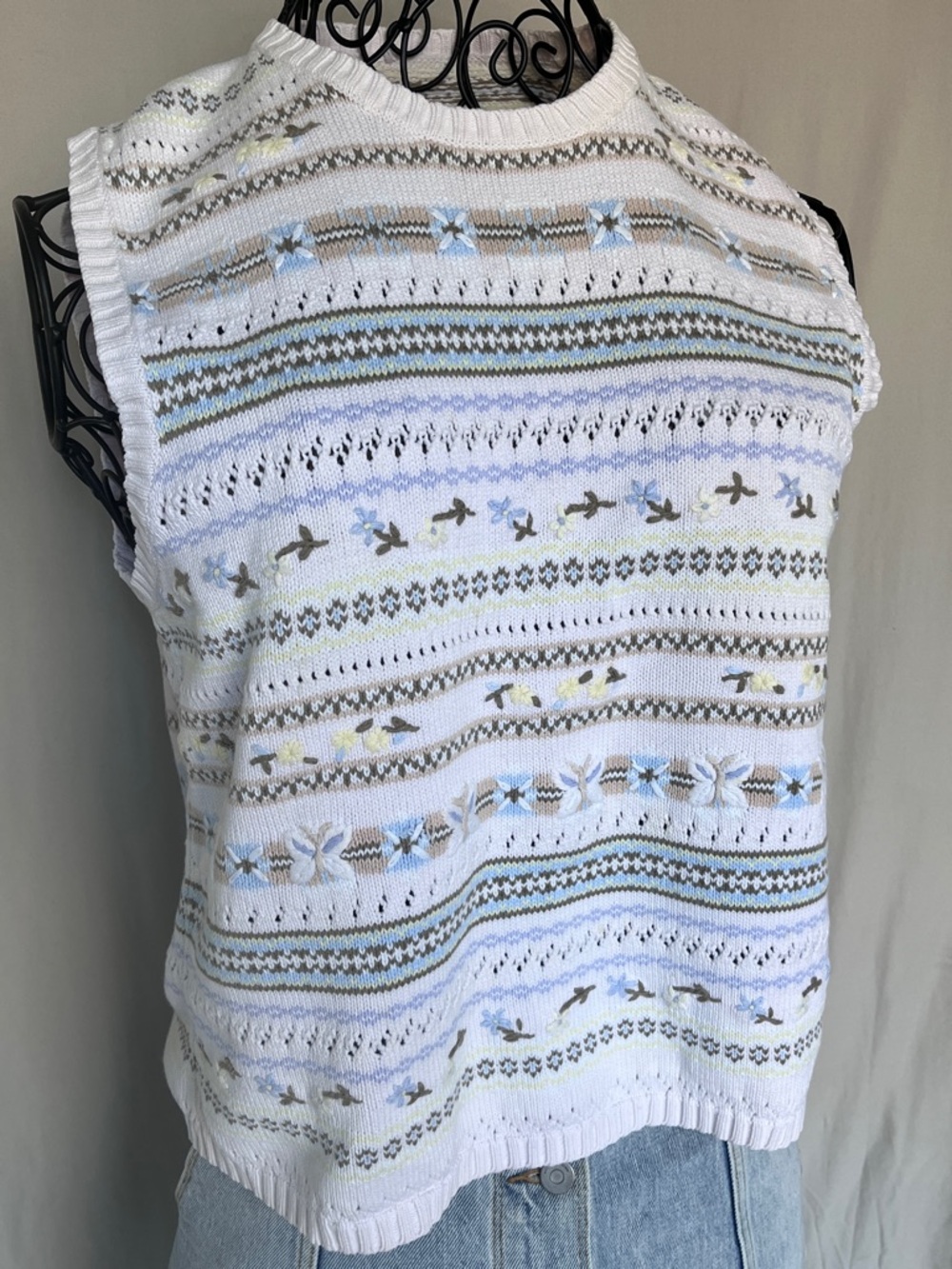 Hand-Embroidered Cotton Sleeveless Knit top | Floral Butterfly | Vintage